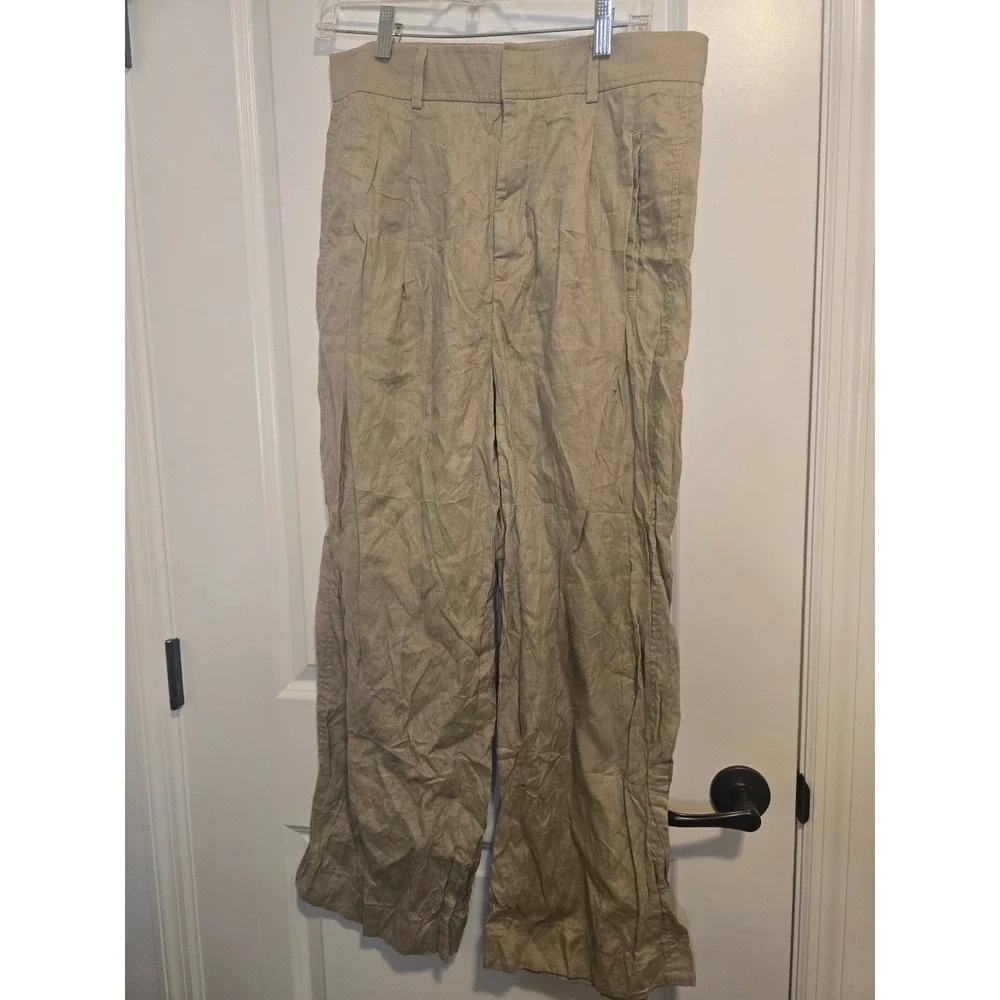 Everlane Linen Trousers Womens 10 - Tan Khaki Excellent Wide Leg Pleated Pants
